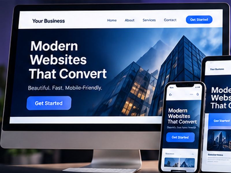 Modern business website shown on a desktop monitor, tablet and phone